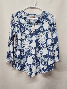 SJS Navy and White Paisley Henley Long Sleeve Top